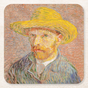 Vincent Van Gogh Self Portrait Straw Hat Square Paper Coaster
