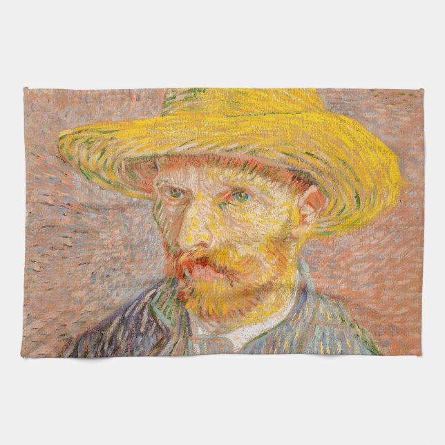 Vincent Van Gogh Self Portrait Straw Hat Tea Towel (Horizontal)