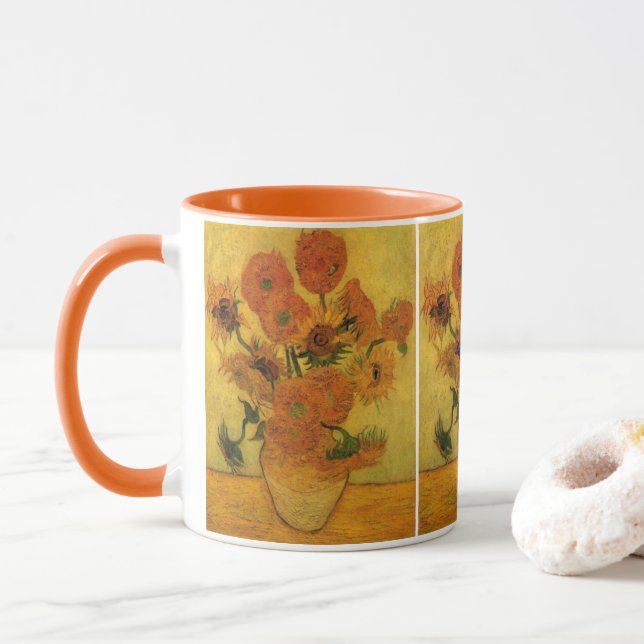 Vincent van Gogh Still Life Vase w 15 Sunflowers Mug (With Donut)