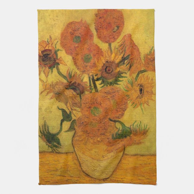 Vincent van Gogh Still Life Vase w 15 Sunflowers Tea Towel (Vertical)