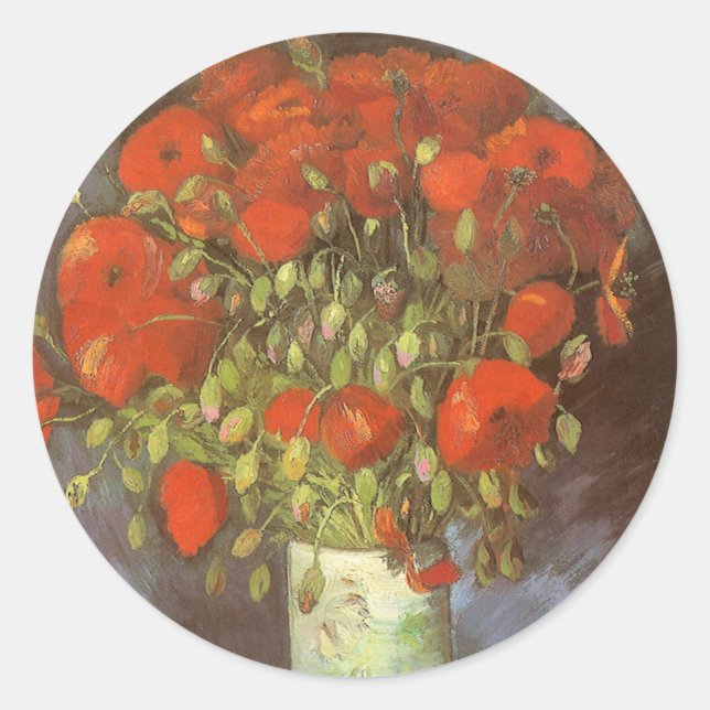 Vincent van Gogh Still Life Vase with Red Poppies Classic Round Sticker (Front)
