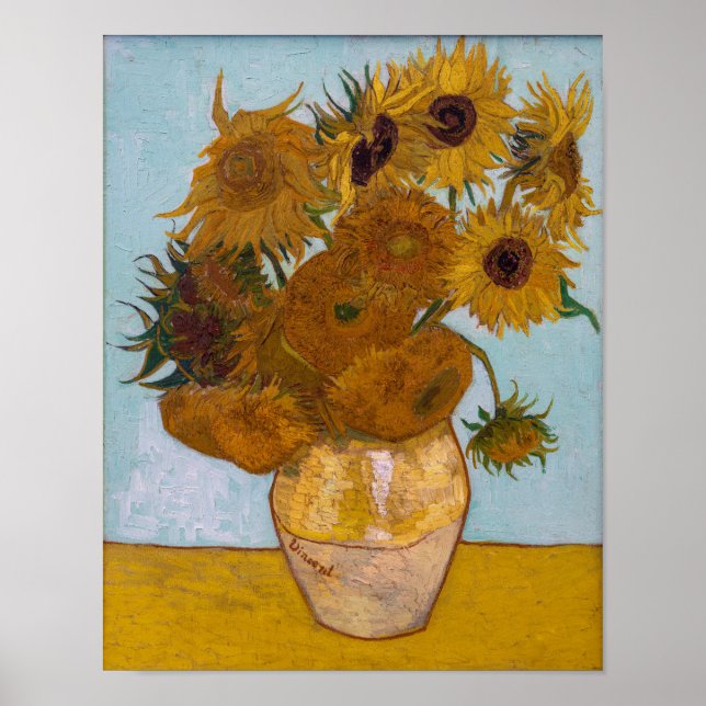 Vincent Van Gogh Sunflowers Blue Background Poster (Front)