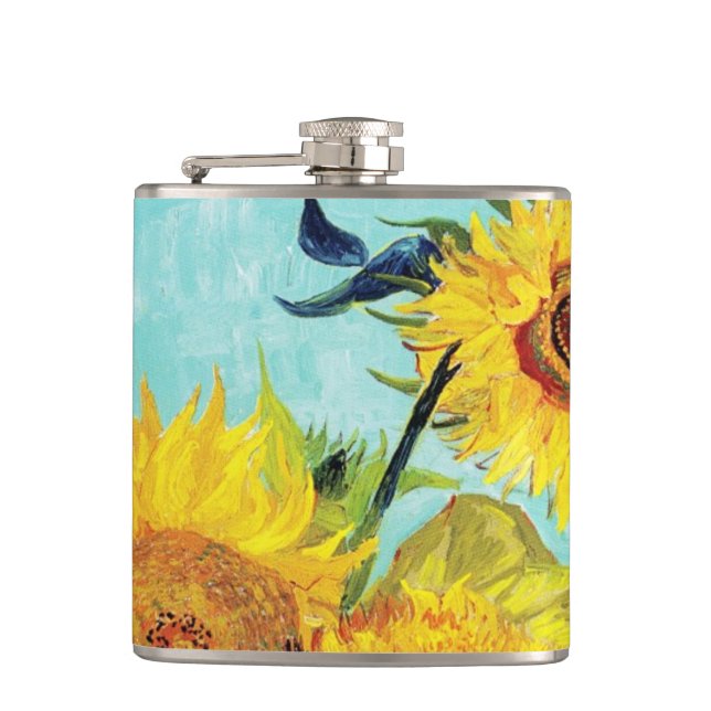 Vincent van Gogh Sunflowers Vase First Turquoise Hip Flask (Front)