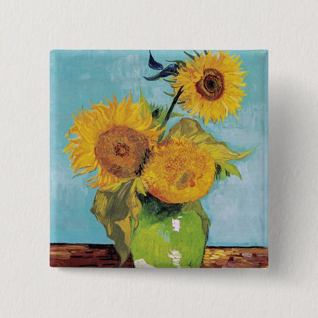 Vincent Van Gogh - Three Sunflowers in a Vase 15 Cm Square Badge (Front)