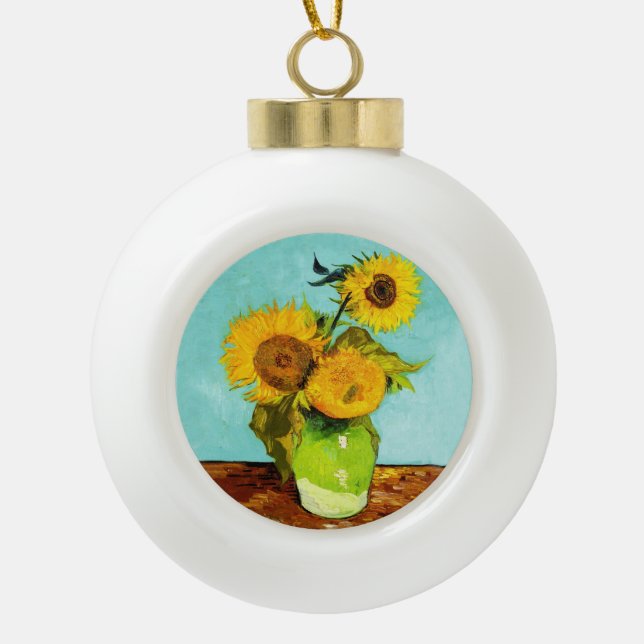 Vincent Van Gogh Three Sunflowers In A Vase Ceramic Ball Christmas Ornament (Front)