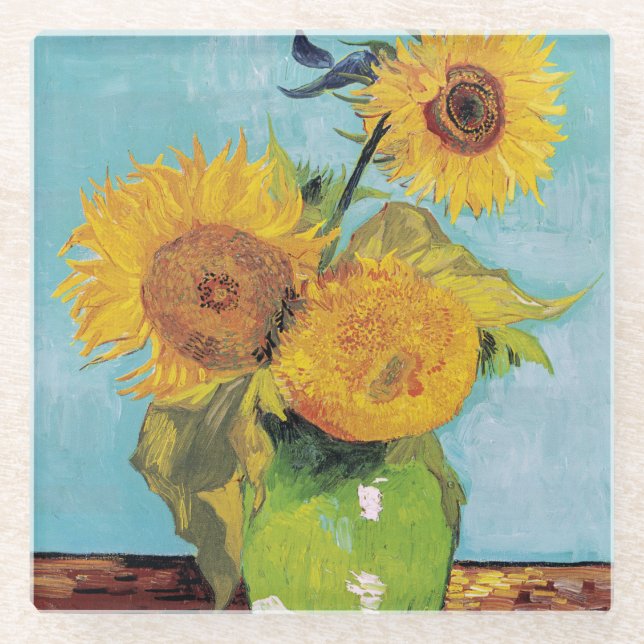 Vincent Van Gogh - Three Sunflowers in a Vase Glass Coaster (Front)