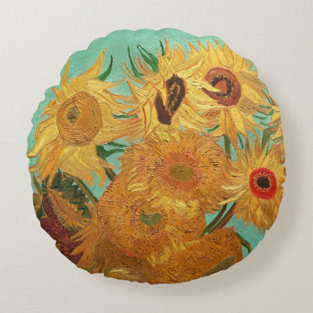 Vincent Van Gogh Twelve Sunflowers In A Vase Round Cushion (Front)