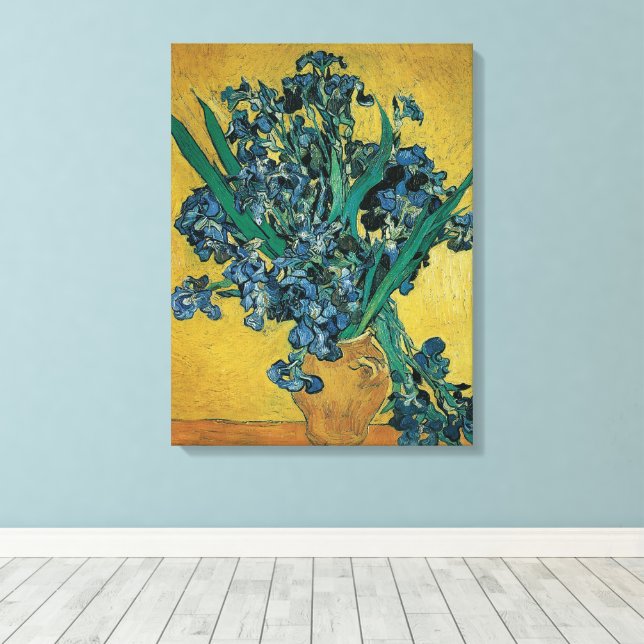 Vincent van Gogh - Vase w Irises Yellow Background Canvas Print (Insitu(Wood Floor))
