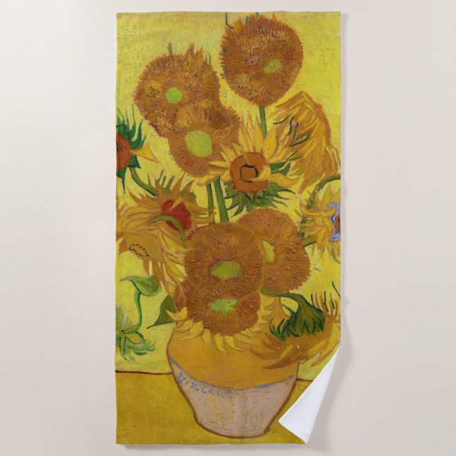 Vincent van Gogh - Vase with Fifteen Sunflowers Beach Towel (Front)