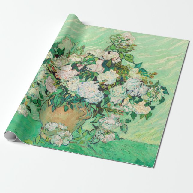 Vincent Van Gogh Vase with Pink Roses Fine Art Wrapping Paper (Unrolled)