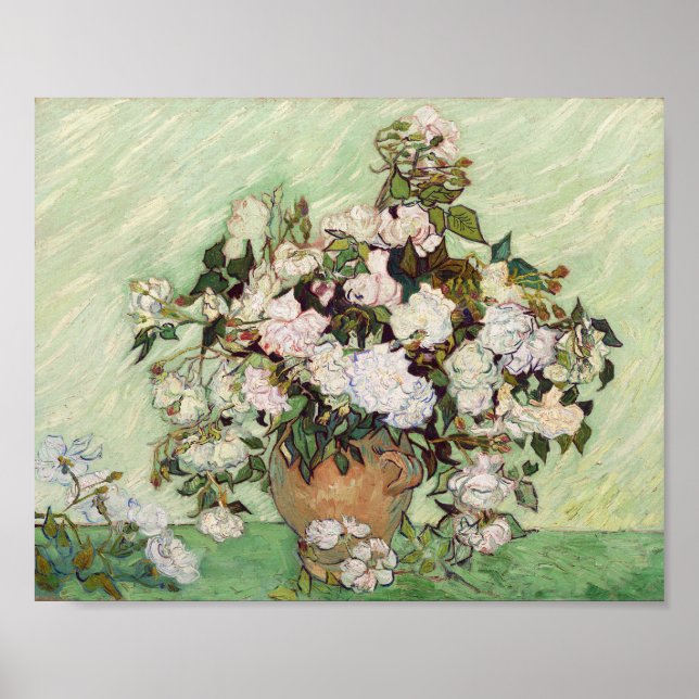 Vincent Van Gogh Vase With Pink Roses Floral Art Poster (Front)