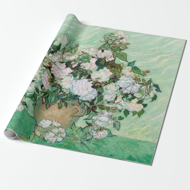 Vincent van Gogh Vase with Pink Roses Wrapping Paper (Unrolled)