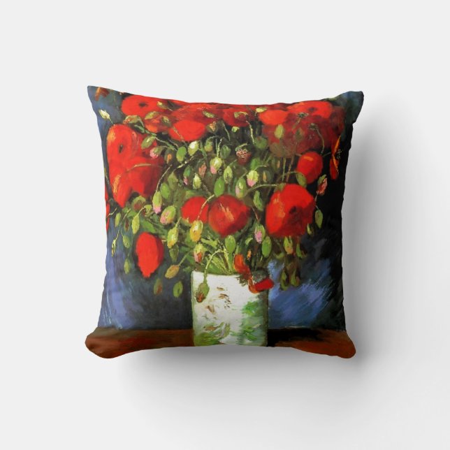 Vincent Van Gogh Vase With Red Poppies Floral Art Cushion (Front)