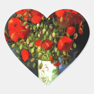 Vincent Van Gogh Vase With Red Poppies Floral Art Heart Sticker
