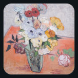 Vincent van Gogh - Vase with Roses & Anemones Square Sticker<br><div class="desc">Still Life / Japanese Vase with Roses and Anemones - Vincent van Gogh,  1890</div>