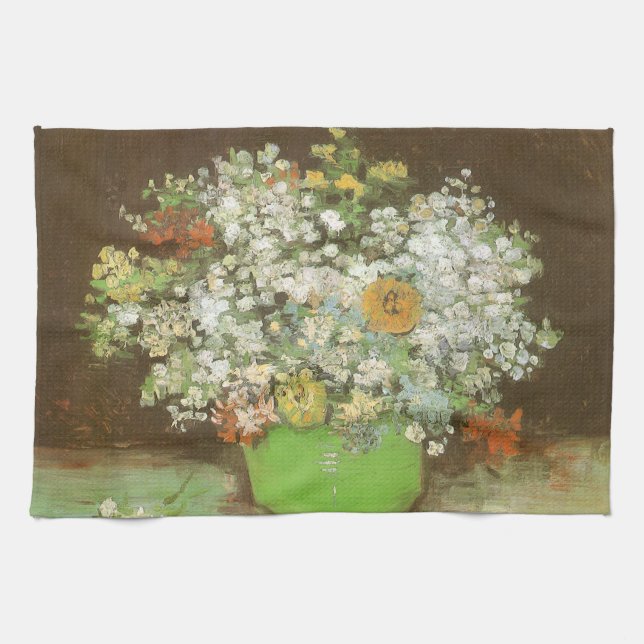 Vincent van Gogh - Vase with Zinnias and Flowers Tea Towel (Horizontal)