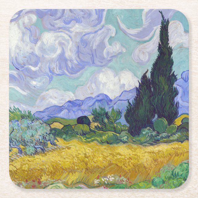 Vincent Van Gogh - Wheat Field with Cypresses Square Paper Coaster (Front)