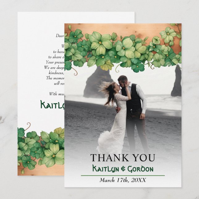 Vine and wood rustic St Patricks Day wedding photo Thank You Card (Front/Back)