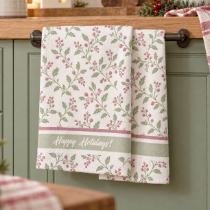 Vine & Berry Christmas Pattern Cran Ivory ID1337 Tea Towel