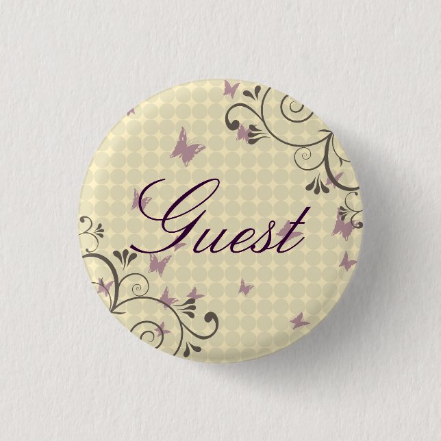 Vine & Butterfly Design Party Guest Button Cream (Front)