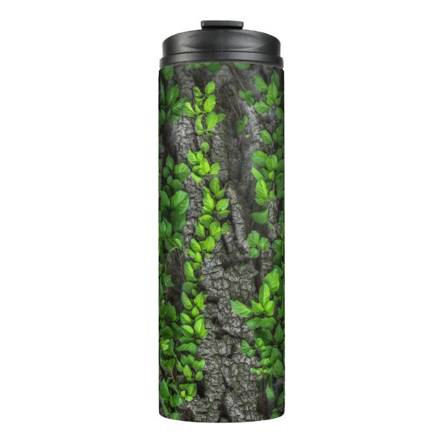 Vine covered tree bark leaf green brown thermal tumbler (Front)