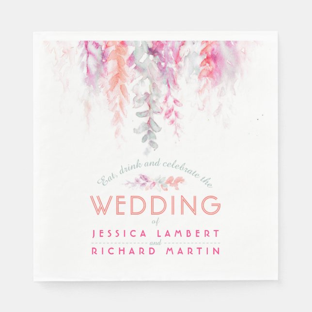 Vine floral art coral orange pink wedding napkins (Front)