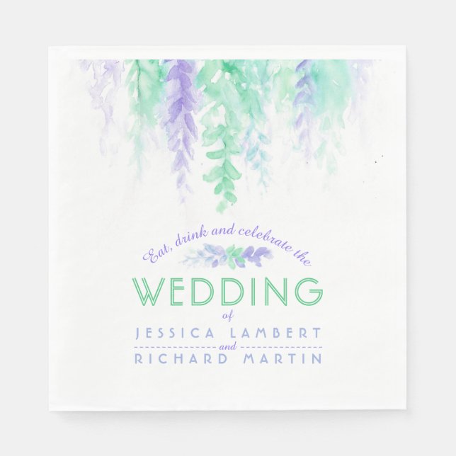 Vine floral art green purple wedding napkins (Front)