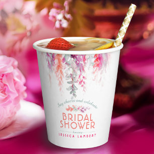 Vine flowers watercolor bridal shower coral green paper cups