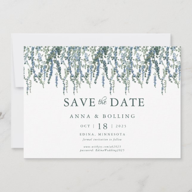Vine Greenery Blue Floral Wedding Save The Date (Front)