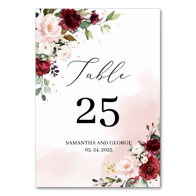 Vine merlot burgundy blush pink floral wedding table number (Front)