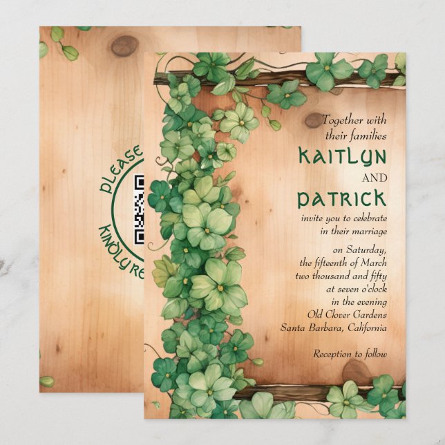 Vine on wood St Patrick's Day QR rustic wedding Invitation (Front/Back)