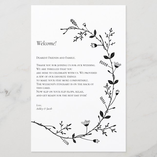 Vine Scroll Wedding Welcome Letter, Itinerary (Front)