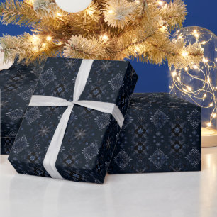 Vines Flowers Botanical Blue Black Christmas Wrapping Paper