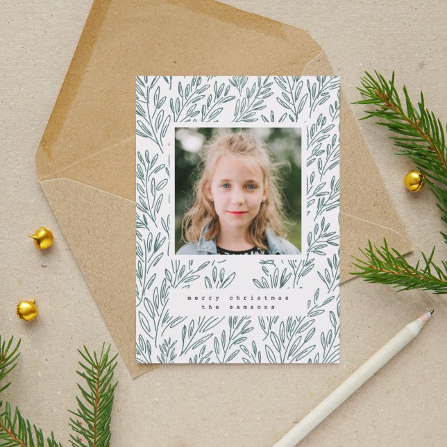 Vines Holiday Photo Card (Green on white hand-drawn botanical vines photo holiday card.)