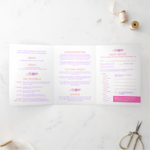 Vines orange pink watercolor wedding all-in-one Tri-Fold invitation