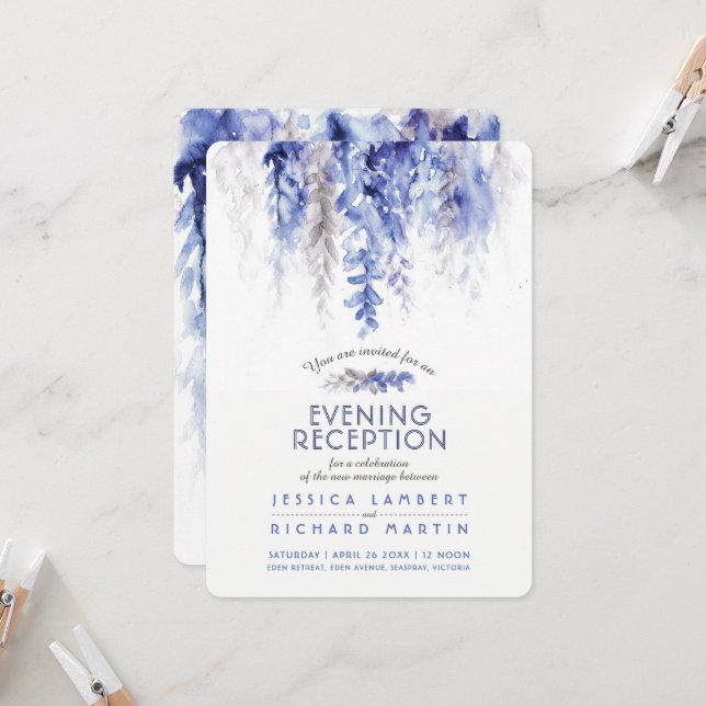 Vines winter wedding evening reception blue grey invitation (Front/Back In Situ)