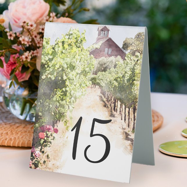 Vineyard and Red Barn Watercolor Wedding  (Complete the look at your winery wedding or shower with these rustic vineyard table number signs.)