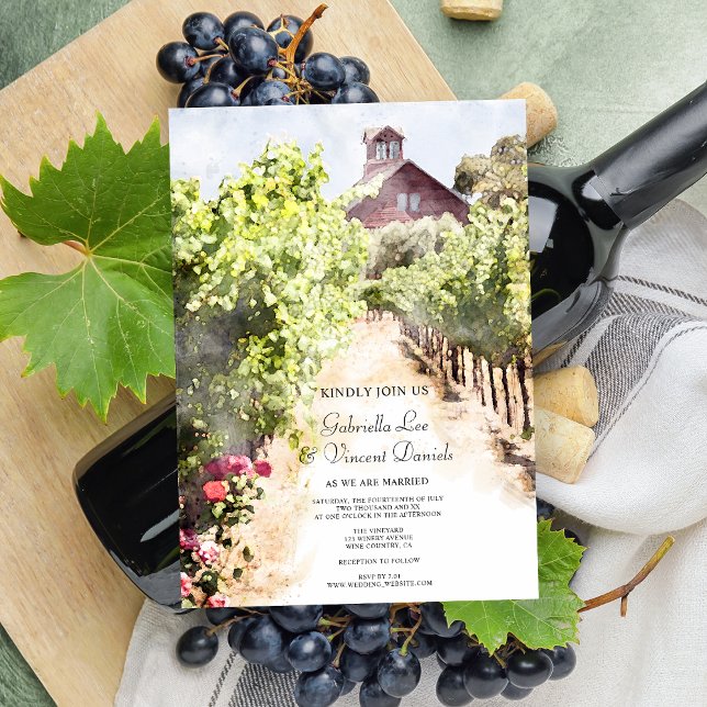 Vineyard and Red Barn Watercolor Wedding Invitation (Pair with the matching rsvp cards to create a coordinated stationery set for your winery wedding.)