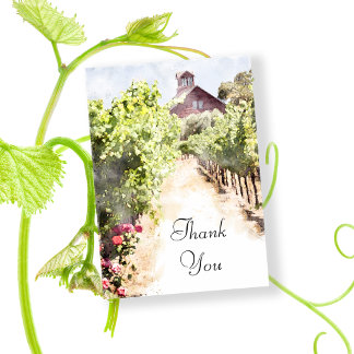 Vineyard and Red Barn Watercolor Wedding Thank You Card