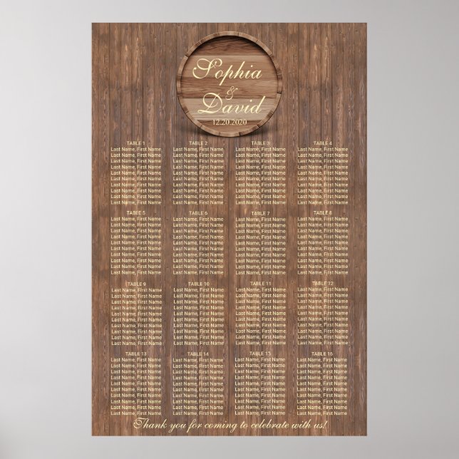 Vineyard Barrel Wedding Seating Chart 16 tables (Front)
