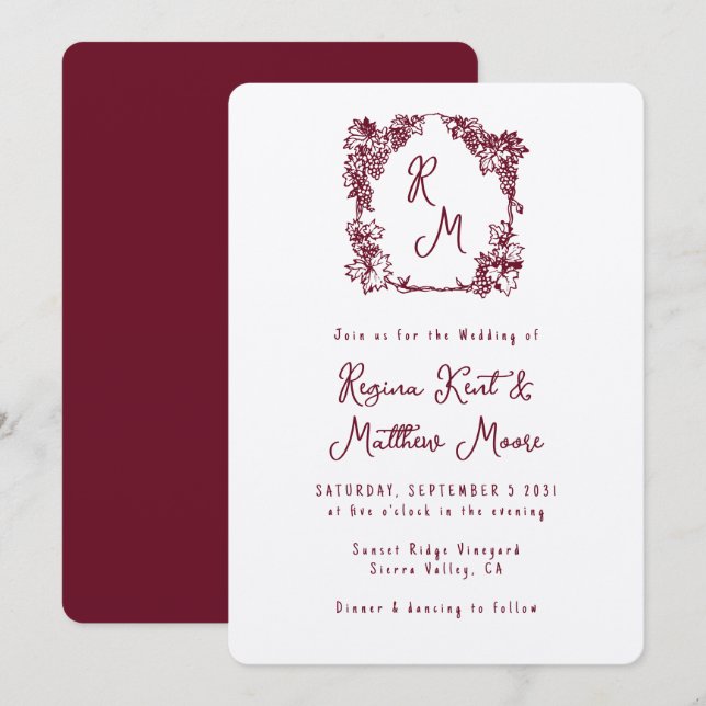 Vineyard Crest Monogram Burgundy Wine Wedding Invitation (Front/Back)