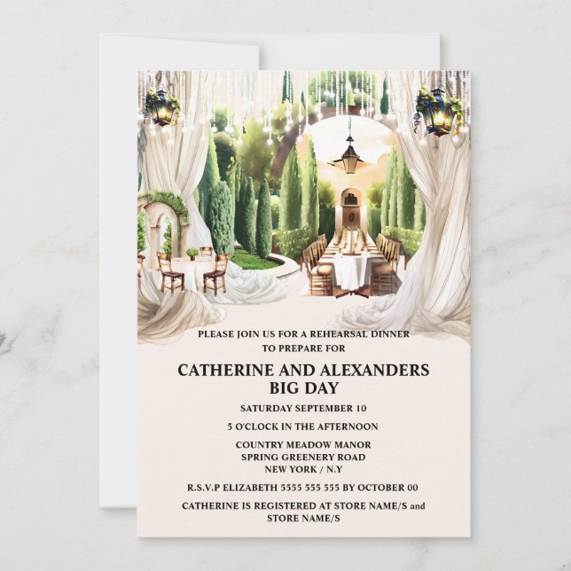 Vineyard fine dining topiary string lights chic invitation (Front)