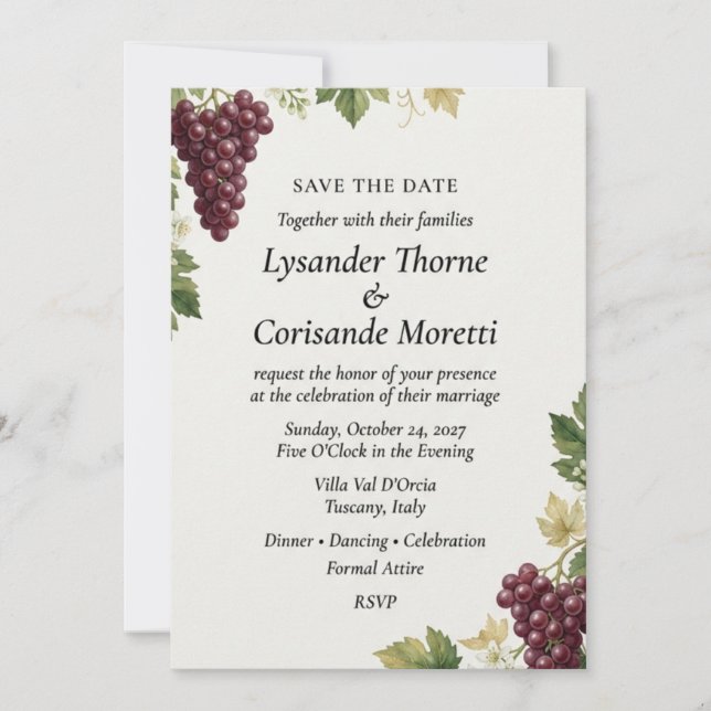 Vineyard Grape & Tuscan Vine Elegant Save the Date Invitation (Front)