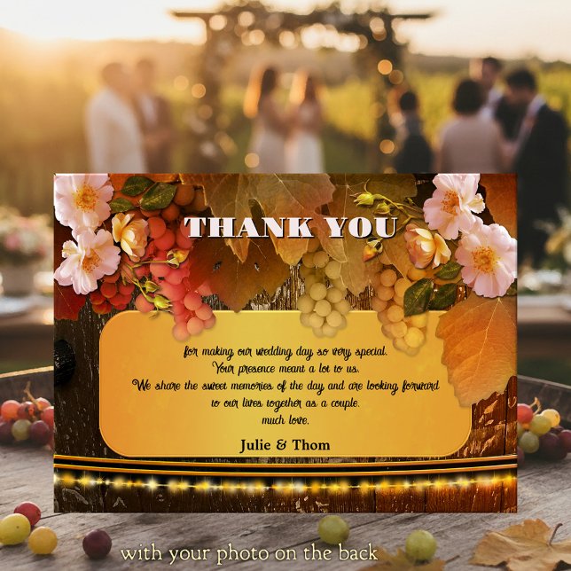 Vineyard or Winery Wedding Thank You Photo Card (Wedding Thank You card featuring grapes, peach colored roses and string lights on a wine barrel)