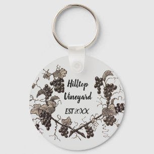Vineyard Promotion Vintage Sketch Leaves Grapes Key Ring