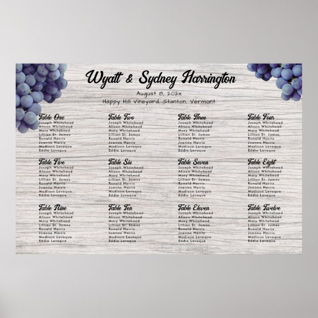 Vineyard Wedding Grapes Light Wood Seating Chart (Front)