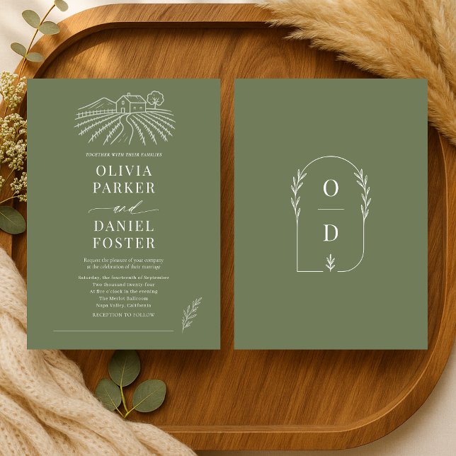 Vineyard Winery Olive Green Line Art Wedding Invitation (Creator Uploaded)
