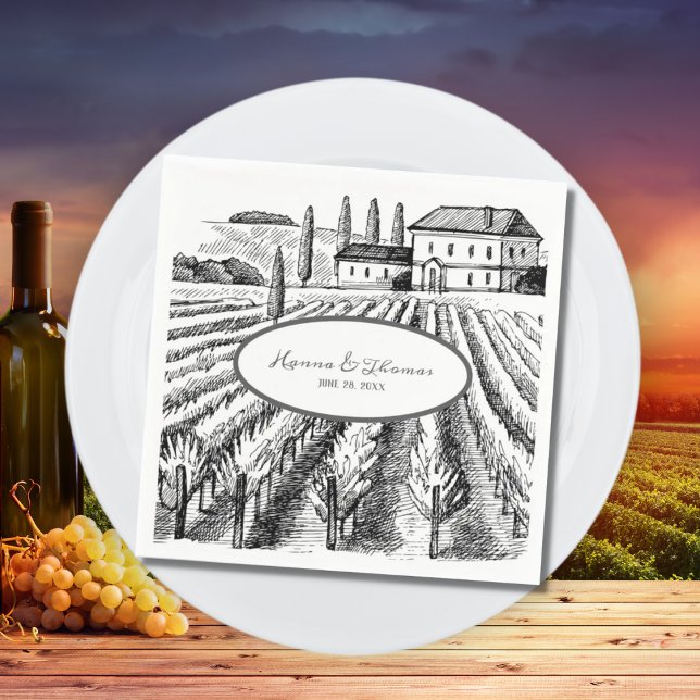 Vineyard Winery Rustic Sketch Wedding Napkin (Creator Uploaded)