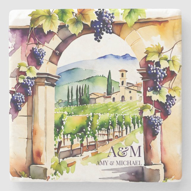 Vineyard winery wedding favours monogrammed stone coaster (Front)