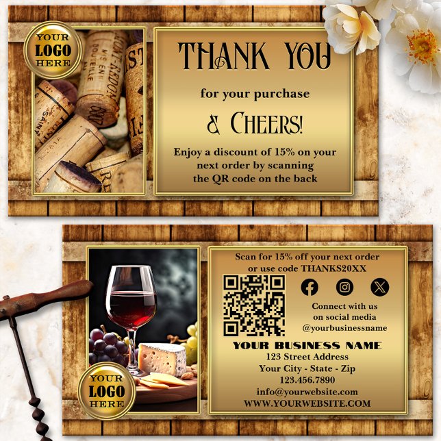 Vineyard Winery Wine Seller Photo Thank You Business Card (Thank you for your order business card featuring your custom photos on a wine barrel background)